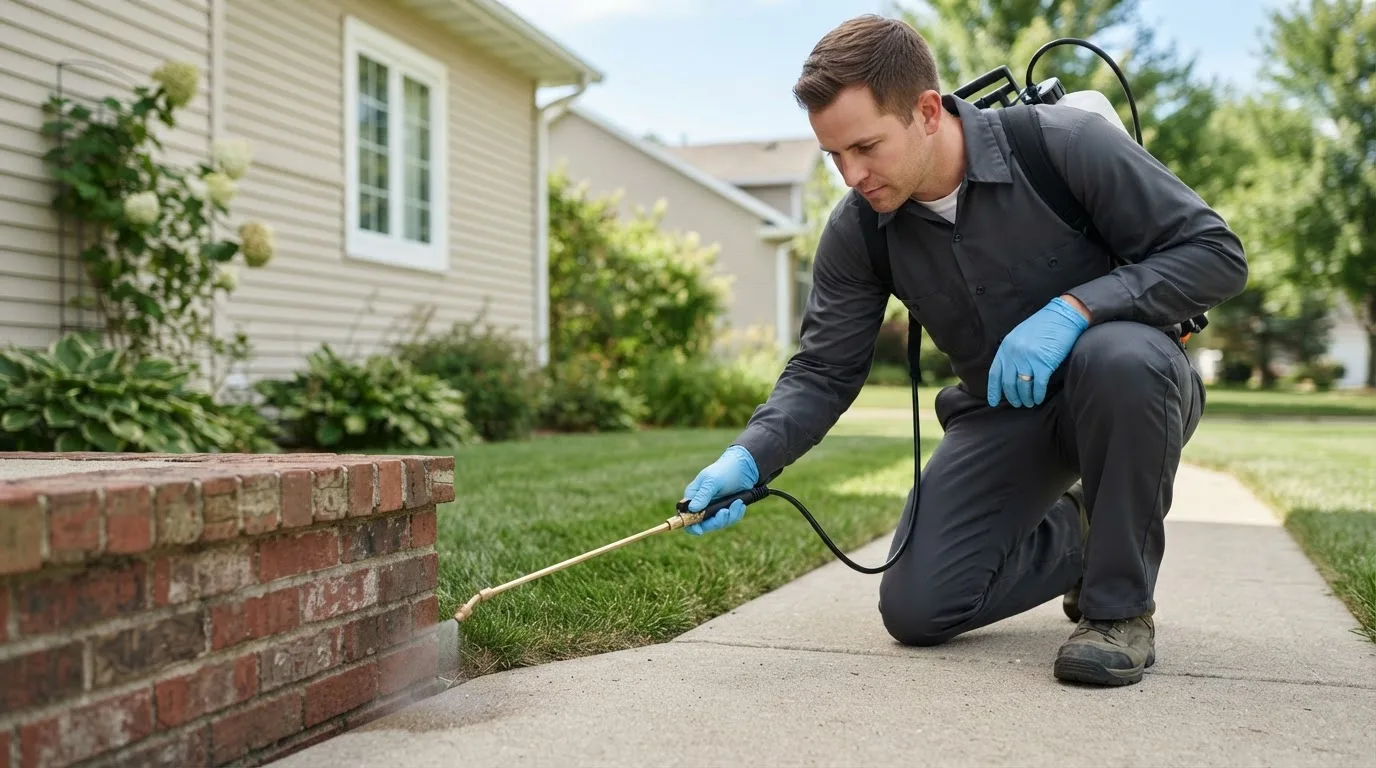 Pest control technician treating a home near Muldoon, TX