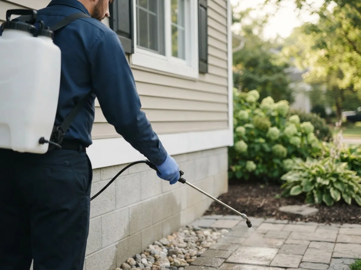 Pest control technician inspecting a home in Muldoon, TX